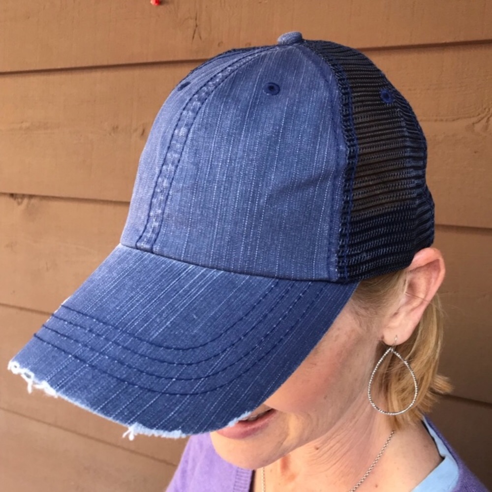 Distressed Plain Blue Ladies Hat